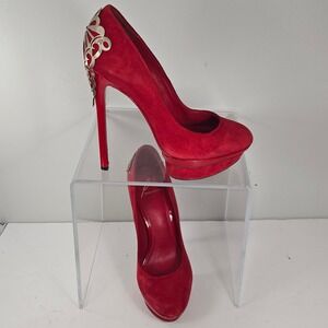 B Brian Atwood Rylie Red Suede Platform Pumps Gold Filigree Heel Cage Size 6 36